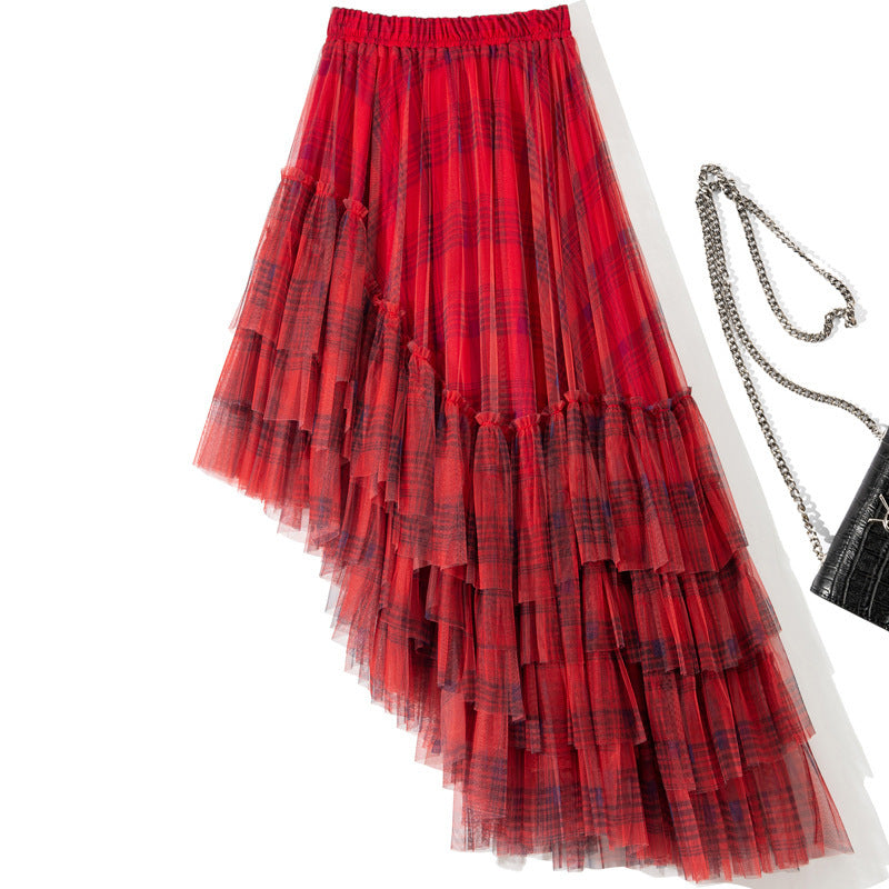 Rythmera Plaid Asymmetric Layered High Low Tulle Skirt