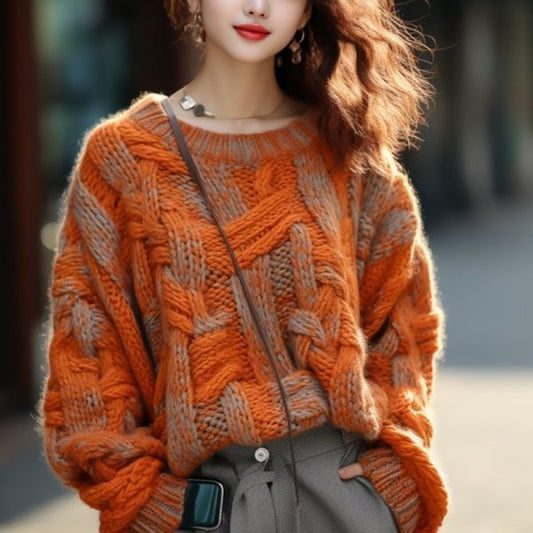 Runessa Orange Classic Cable Woven Style Chunky Sweater