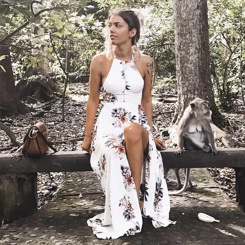 White Floral Halter High Slit Maxi Dress