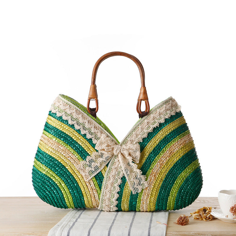 Pebbles Wheat Straw Blue Stripes Straw Bag Rattan Bag Garden Handbag