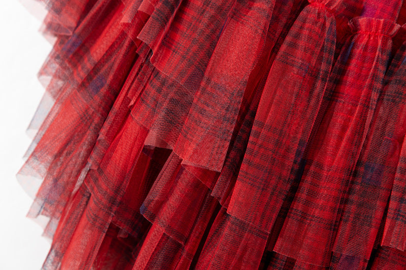 Rythmera Plaid Asymmetric Layered High Low Tulle Skirt