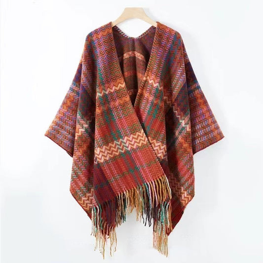 Velocita  Bohemian Western Ethnic Plaid Tassel Kimono Thermal Cape