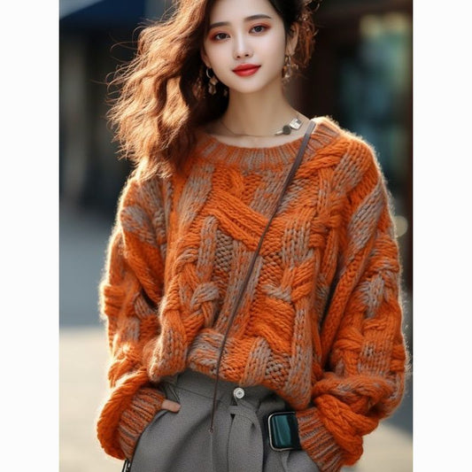 Runessa Orange Classic Cable Woven Style Chunky Sweater