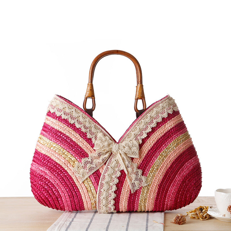 Pebbles Wheat Straw Blue Stripes Straw Bag Rattan Bag Garden Handbag