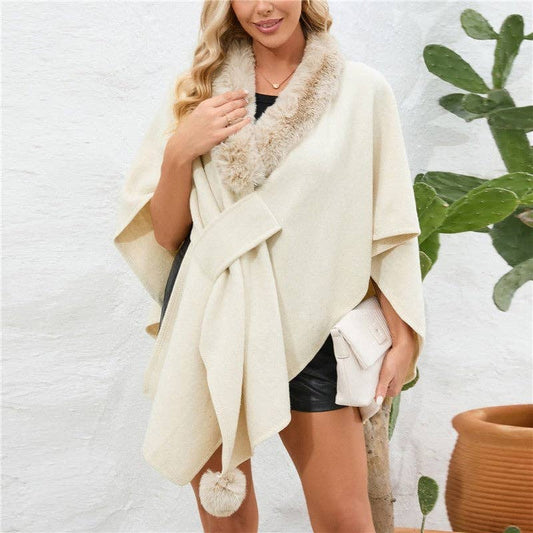 Fieralle Wool Cape With Fur Collar and Pom Pom