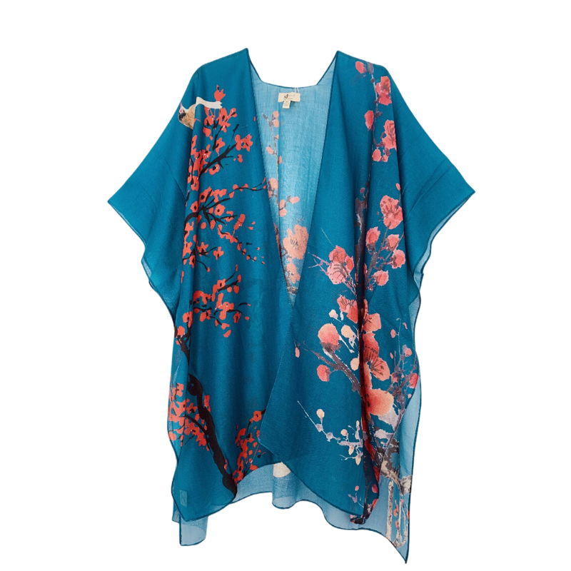 Alaniah Teal & Red Cherry Blossom Bird Kimono