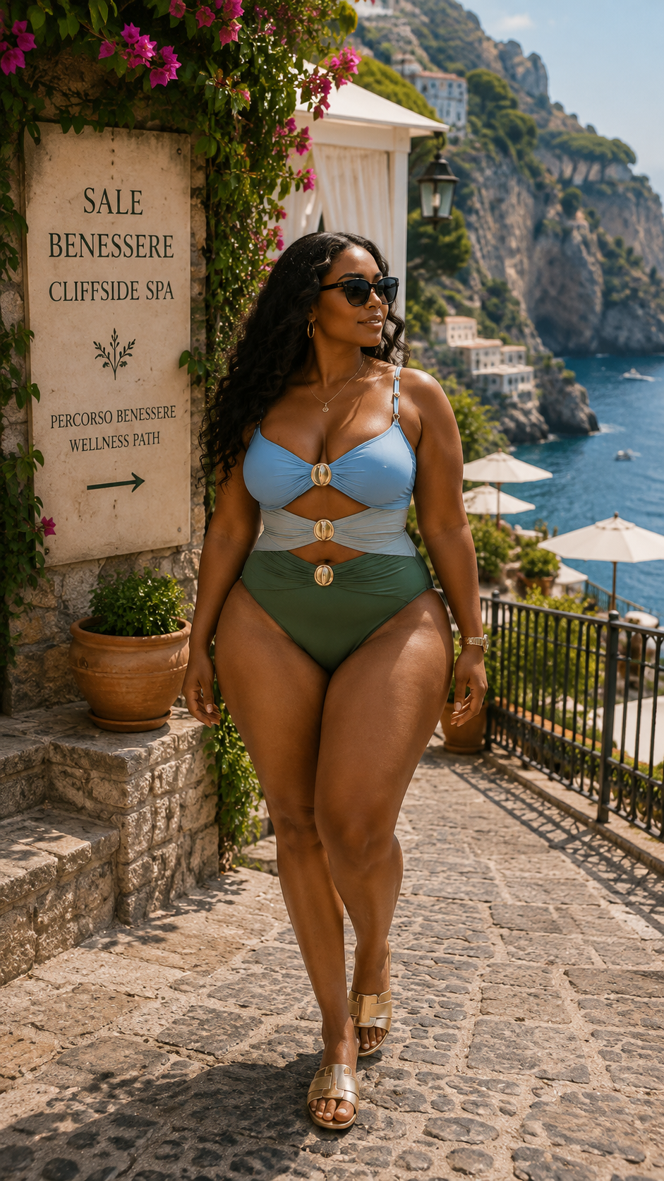A woman modeling a one-piece swimsuit on a cobblestone path in a coastal town. The swimsuit features a light blue top with gold-tone cutout details and an olive green bottom.