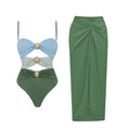 Load image into Gallery viewer, Luxury blue, pearl, and sage color block one-piece swimsuit with triple gold hardware and matching draped resort skirt
