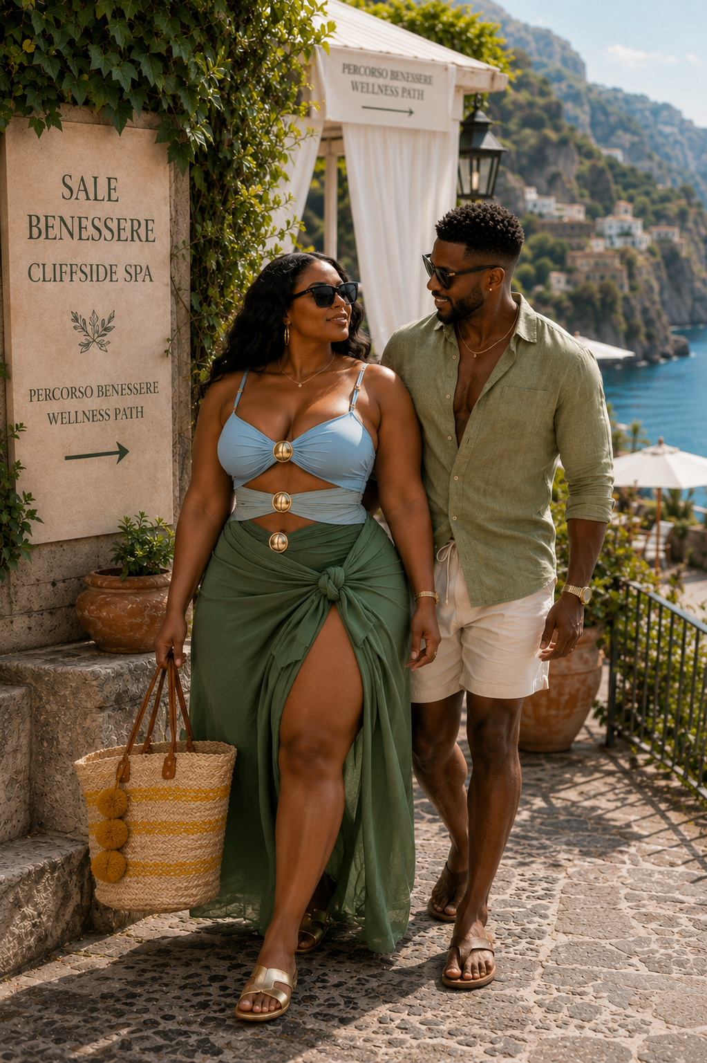 A couple walking along a cobblestone path in front of a coastal spa building. The woman wears a light blue cutout bikini top with a matching green wrap skirt and carries a woven straw tote bag.
