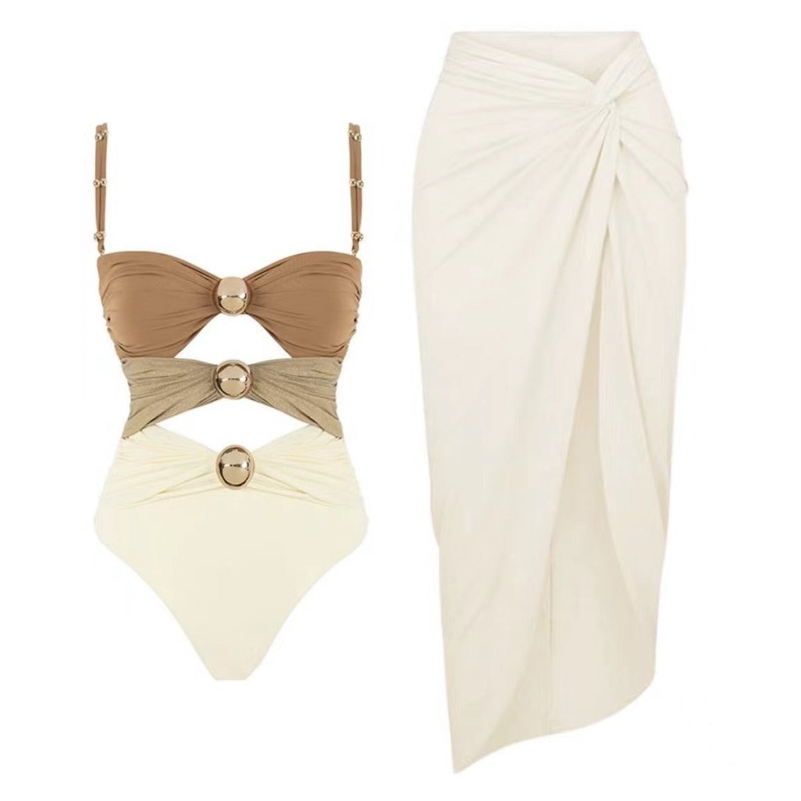 Champagne beige and ivory luxury one-piece swimsuit with gold hardware and coordinating ivory resort sarong skirt