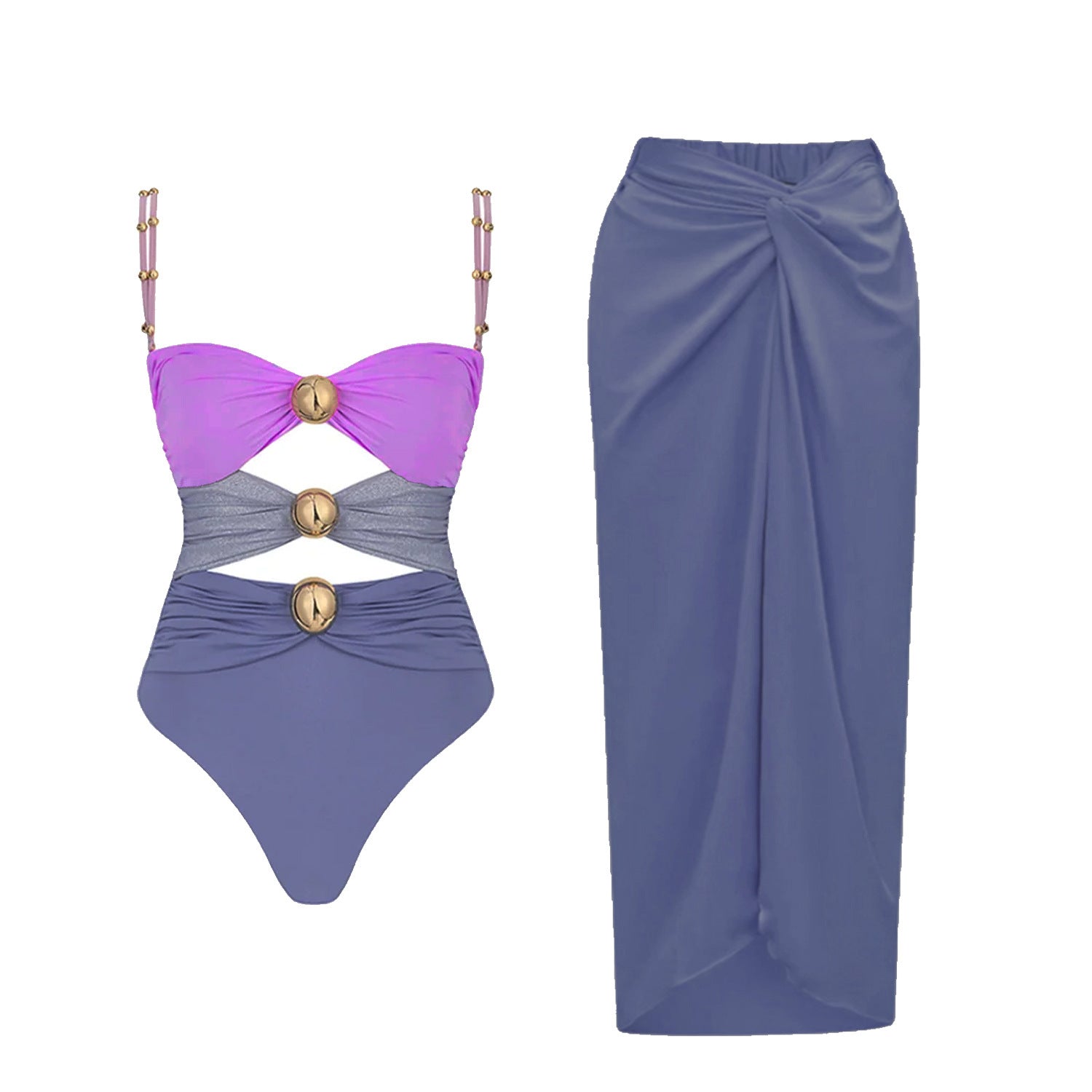 Orchid purple and slate blue color block luxury swimsuit with gold hardware and matching draped resort skirt