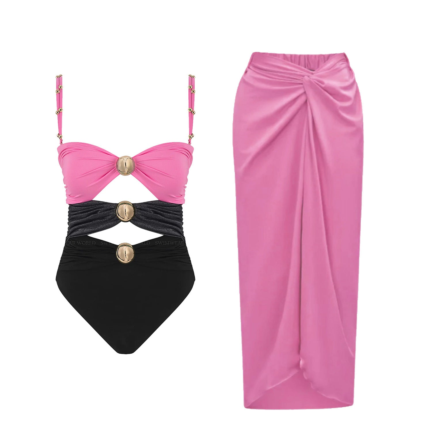 Pink and black luxury one-piece swimsuit with signature gold hardware and matching pink draped resort skirt