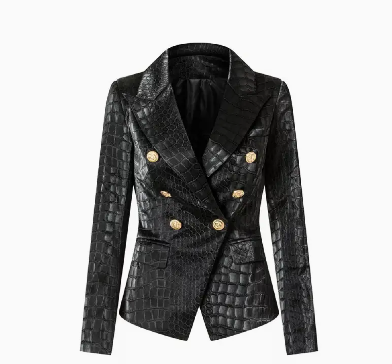 Alexus Black Faux Croc Leather Luxury Fitted Double Breasted Blazer