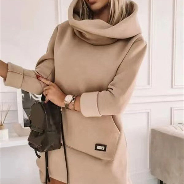 Asantewa Long Sleeve Hood Pocket Pullover Dress caramel