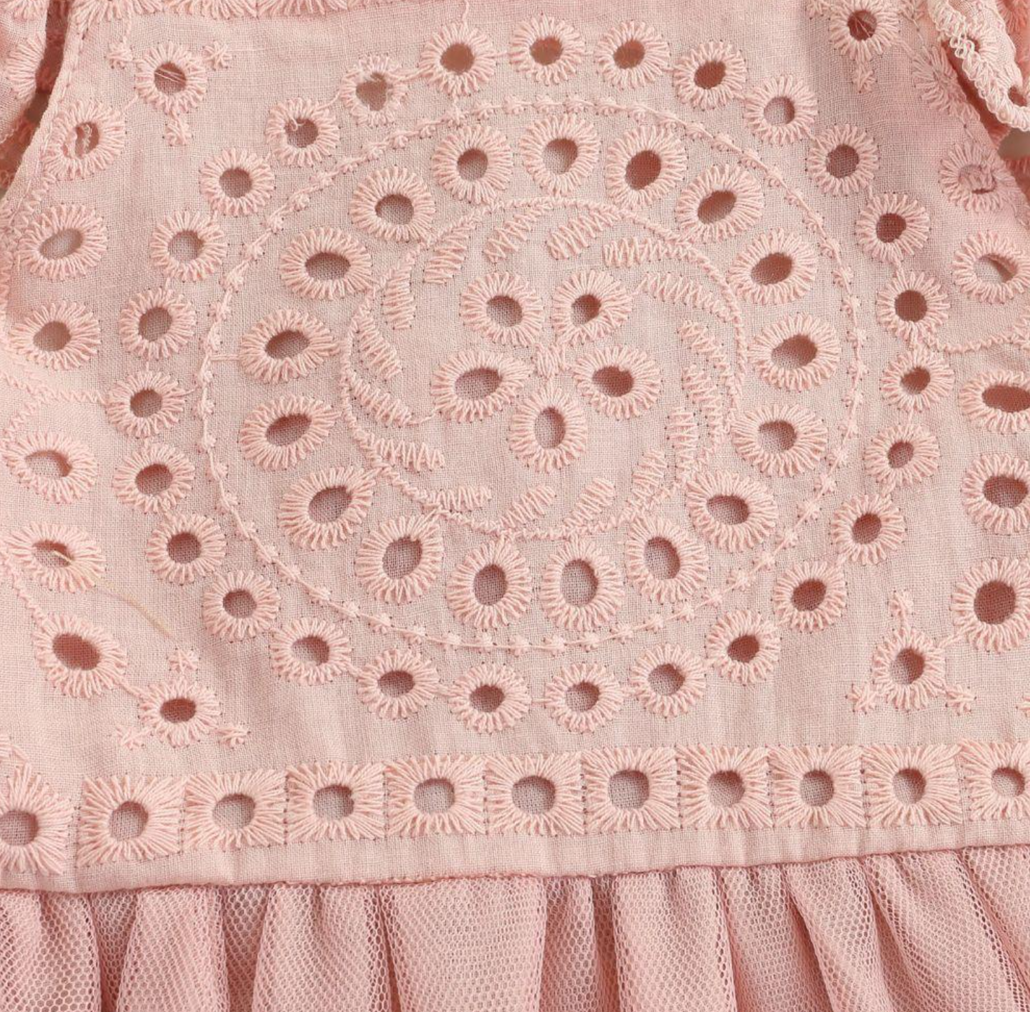 Ashley Chiffon Eyelet Lace Dress Elegance meets playful comfort Perfect for special occasions Made from 95% Cotton and 5% Polyester Versatile style for various events Easy care instructions Creates lasting memories