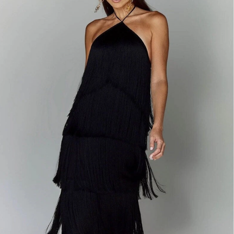 Aurexa Halter Neck Backless Fringe Dress