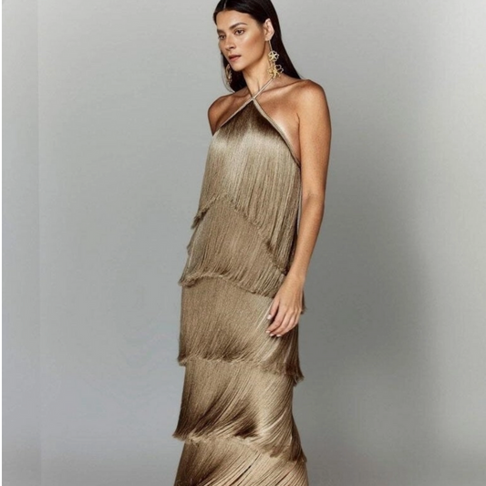 Aurexa Halter Neck Backless Fringe Dress
