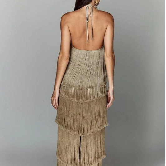 Aurexa Halter Neck Backless Fringe Dress