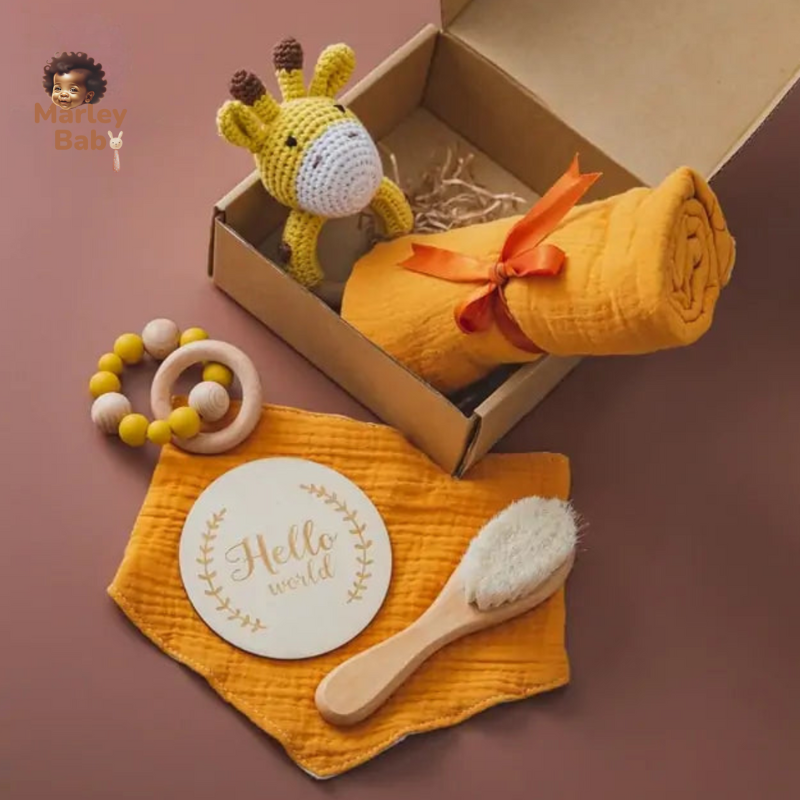  Baby Spa Bath Set Stress-free bath times All-in-one set for a squeaky-clean routine Includes soft cotton and bamboo towel, brush, crochet rattle, milestone card, bracelet, and bib Made with gentle materials for convenience