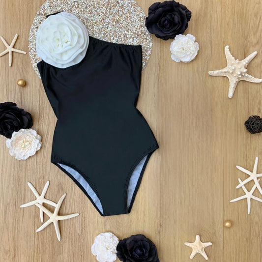 Ebony One Shoulder, One-Piece Woman's Swimsuit with White Rose Accent