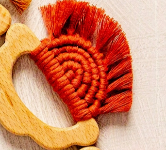 Organic Macramé Wood Teethers For Babies  Made in USA. Brick Red