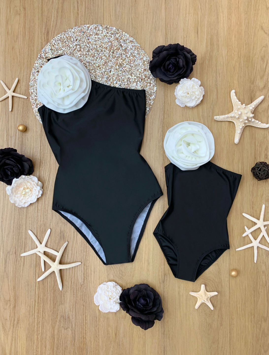 Ebony One Shoulder, One-Piece Woman's Swimsuit with White Rose Accent