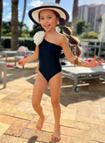 Load image into Gallery viewer, Ebonyrose One Shoulder, One-Piece Toddlers Swimsuit with White Rose Accent
