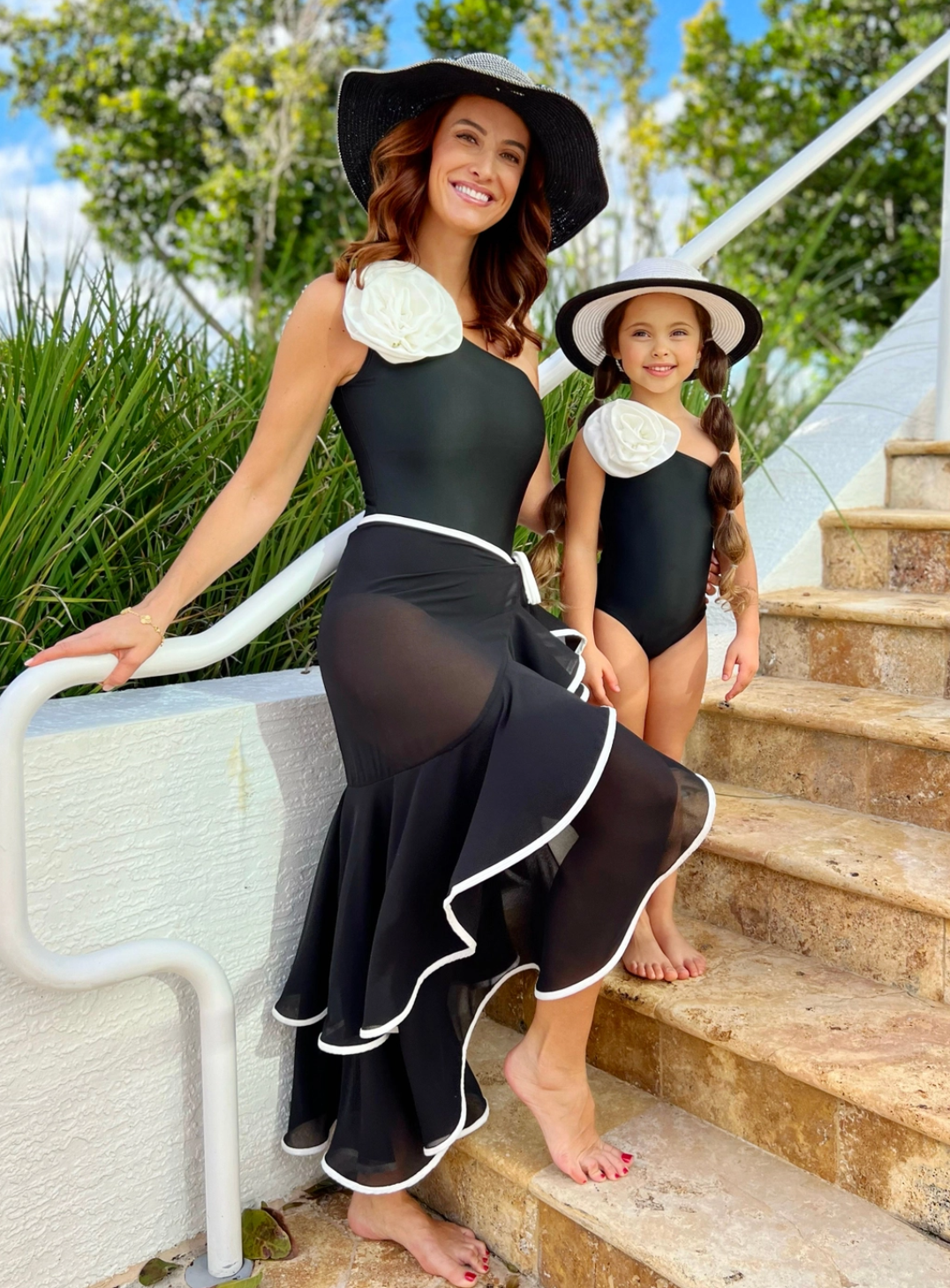 Ebony One Shoulder, One-Piece Woman's Swimsuit with White Rose Accent