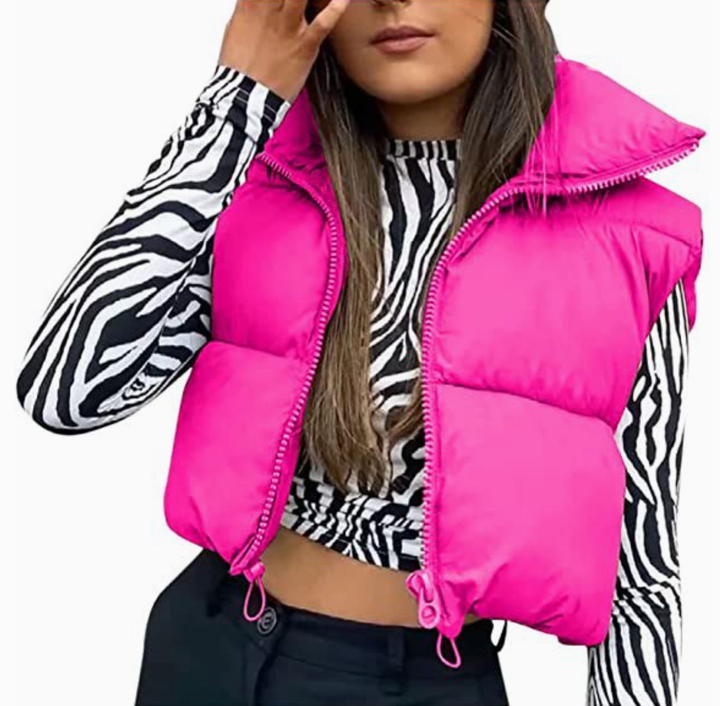 Bridgette Cotton Puffy Cropped Stand-up Collar Vest Hot Pink