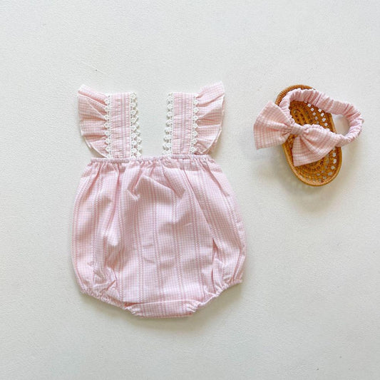 Layla Baby Pink Plaid Jacquard Embroidered Cherries Romper