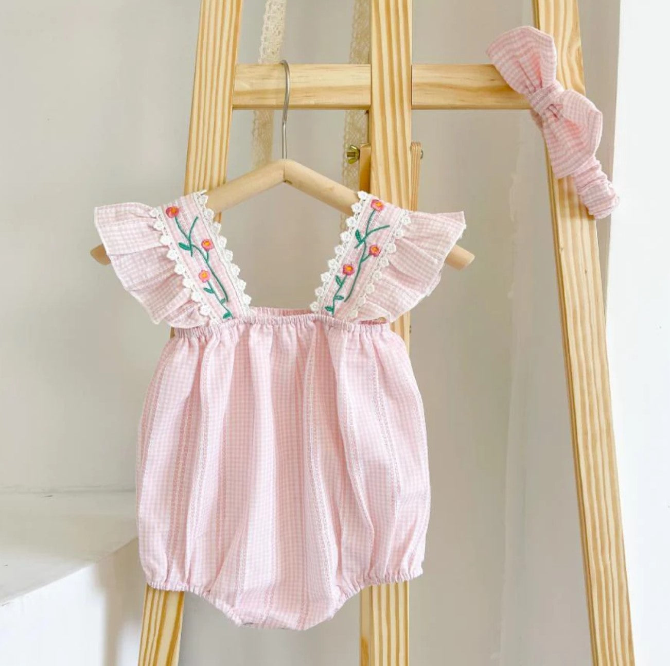 Layla Baby Pink Plaid Jacquard Embroidered Cherries Romper