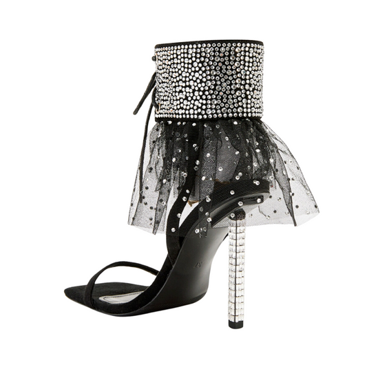 Ceylina Black Crystal Stiletto Sandal w/Tulle Ankle Cuff