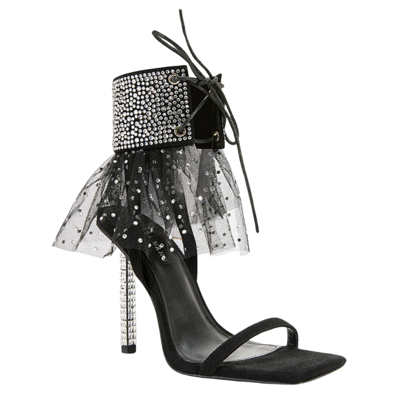 Ceylina Black Crystal Stiletto Sandal w/Tulle Ankle Cuff