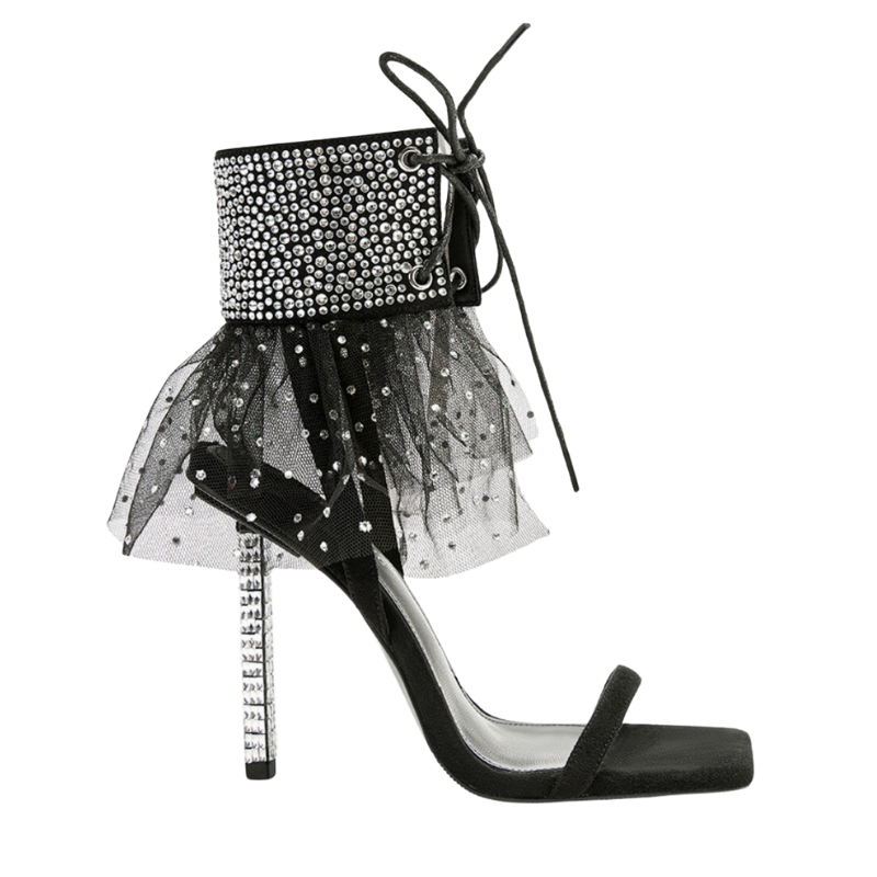 Ceylina Black Crystal Stiletto Sandal w/Tulle Ankle Cuff