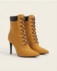 Load image into Gallery viewer, Honey Wheat lace-up stiletto boots with pointed toe and high heel
