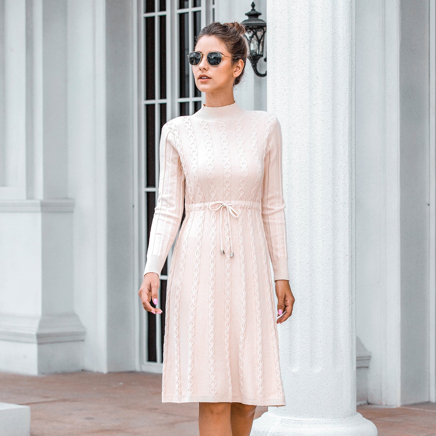 Cindy Sweater dress apricot front styled