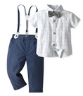 Load image into Gallery viewer, 1 Stylish Top with a dashing plaid pattern, paired with 1 Smart Pair of Pants featuring a comfortable fit, adorable suspenders, and a bow tie for that extra touch of elegance.
