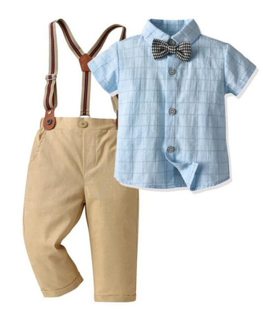 1 Stylish Top with a dashing plaid pattern, paired with 1 Smart Pair of Pants featuring a comfortable fit, adorable suspenders, and a bow tie for that extra touch of elegance.