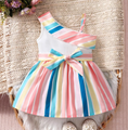 Load image into Gallery viewer, 1 Stunning Dress featuring vibrant multicolor stripes and an elegant one-shoulder design, making your child the center of attention. (Shoes not included)
