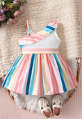 Load image into Gallery viewer, 1 Stunning Dress featuring vibrant multicolor stripes and an elegant one-shoulder design, making your child the center of attention. (Shoes not included)
