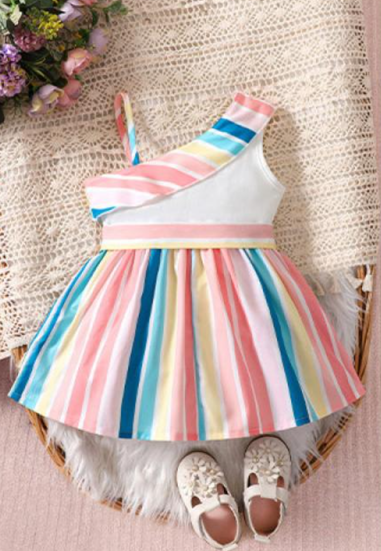 1 Stunning Dress featuring vibrant multicolor stripes and an elegant one-shoulder design, making your child the center of attention. (Shoes not included)