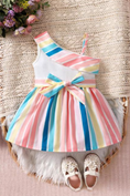 Load image into Gallery viewer, 1 Stunning Dress featuring vibrant multicolor stripes and an elegant one-shoulder design, making your child the center of attention. (Shoes not included)
