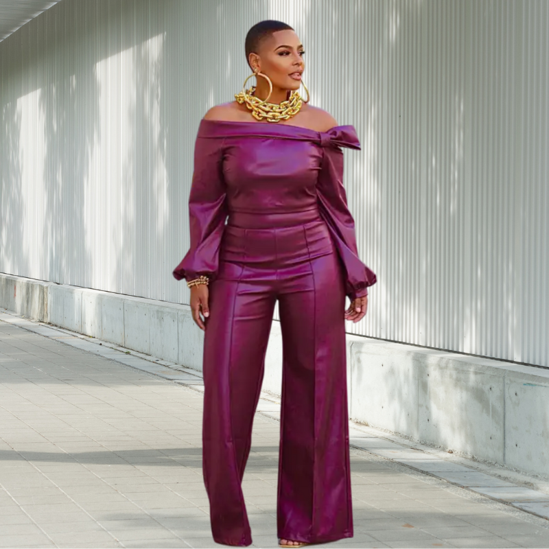 Elveya Faux Leather 2 Piece Off the Shoulder Suit