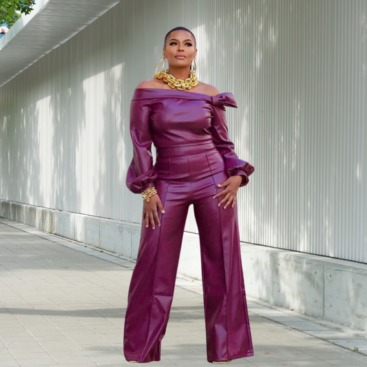 Elveya Faux Leather 2 Piece Off the Shoulder Suit