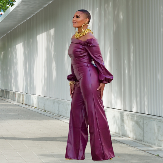 Elveya Faux Leather 2 Piece Off the Shoulder Suit