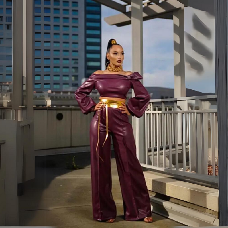 Elveya Faux Leather 2 Piece Off the Shoulder Suit