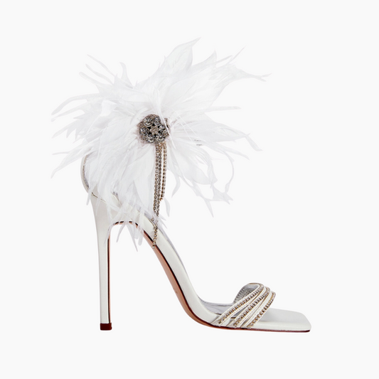 Feathira White Stiletto Feather Crystal Sandal Heels