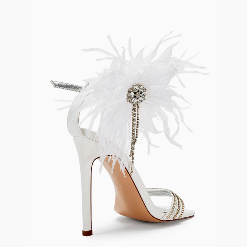 Feathira White Stiletto Feather Crystal Sandal Heels