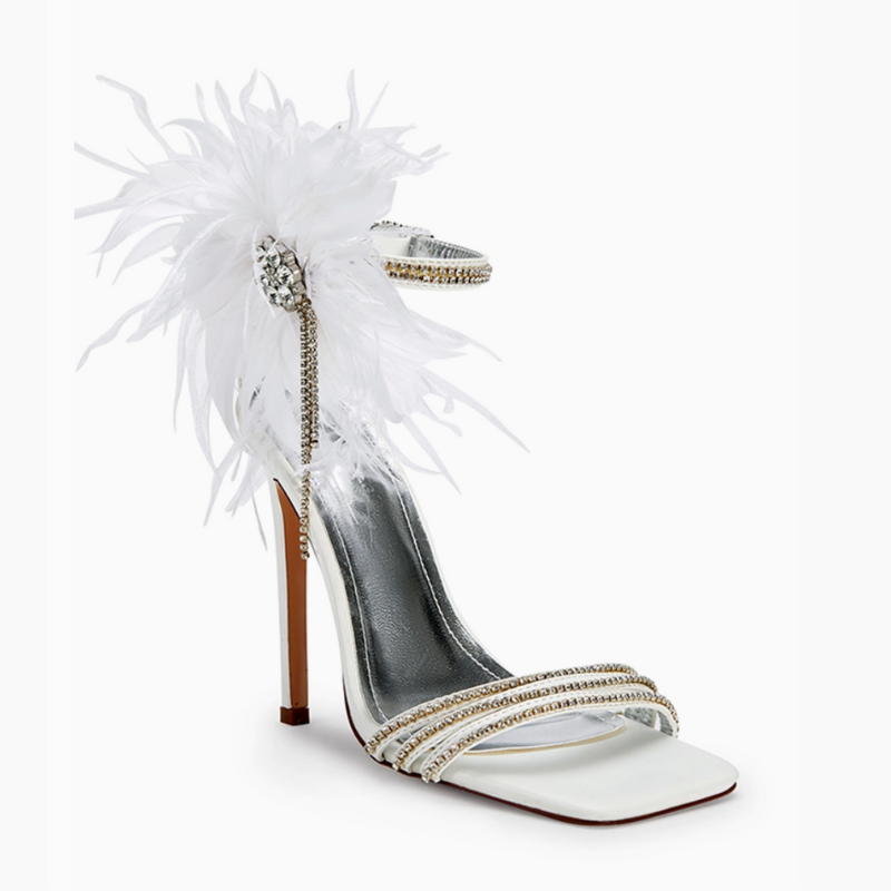 Feathira White Stiletto Feather Crystal Sandal Heels