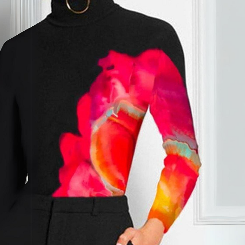 Fleetra Contrast Color Printed Long Sleeves Mock Neck Top
